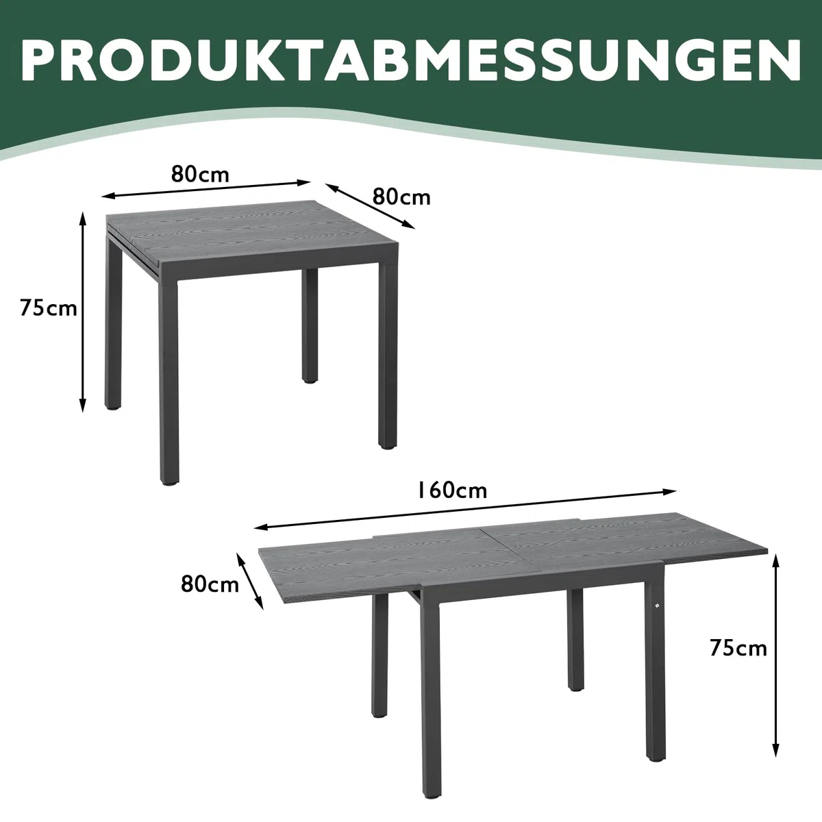 Angel Living Gartentisch Ausziehbar,80/160 x 75cm Esstisch Aluminium Balkon Ausziehtisc für 4-6 Personen, Gartentisch Wetterfest Ausziehbar auf 160cm für Outdoor Partytisch Balkontisch Dunkelgrau