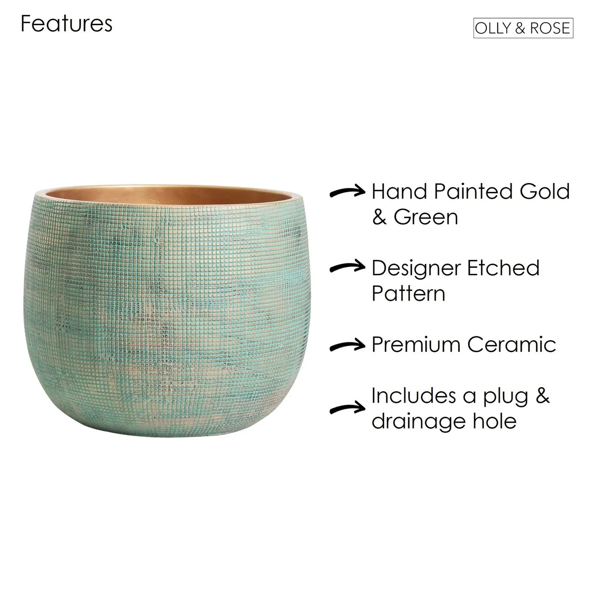 Olly & Rose Bali Pflanzgefäß aus Keramik, groß, 25 cm, für drinnen und draußen, Grün/Gold