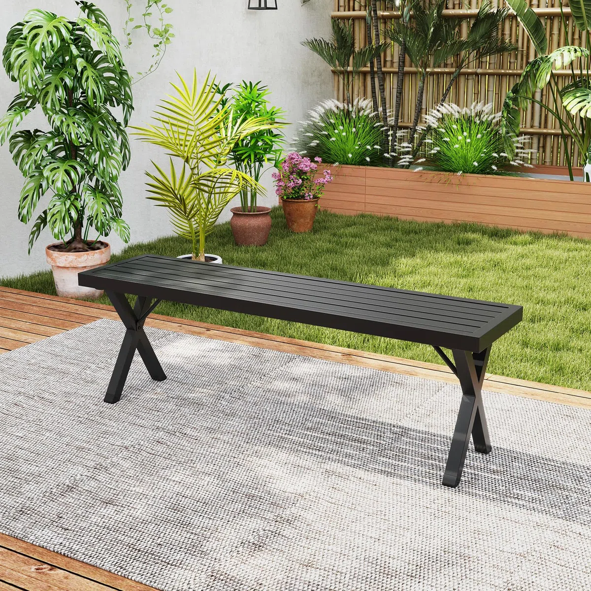 COSTWAY Gartenbank Metall wetterfest, 3-Sitzer Sitzbank ohne Rückenlehne, Balkonbank, Parkbank, Metallbank bis 360 kg belastbar, Terrassenbank für Garten, Balkon, Terrasse, 138 x 36 x 46 cm