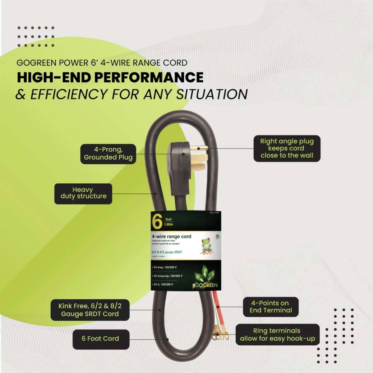 GoGreen Power GG-27206 6' 4' Wire Range Cord, 50 Amp by Go Green Power