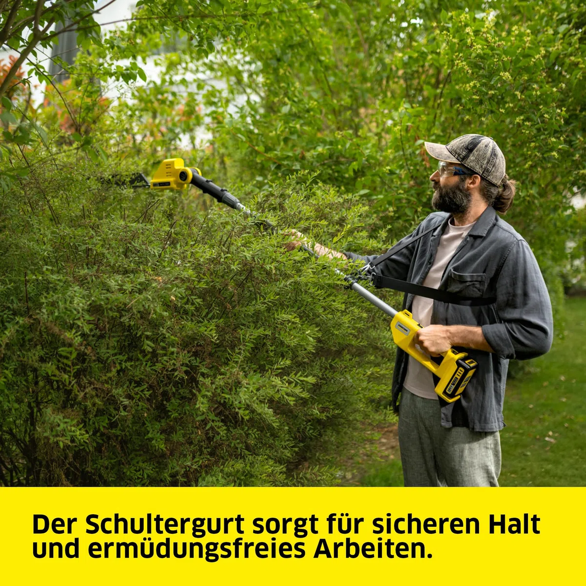 Kärcher Akku‑Teleskop‑Heckenschere PHG 2-18, hohe Hecken bis zu 2,80 m, Schnittlänge: 45 cm, Schultergurt, Gewicht: 2,7 kg, verwendbar mit dem Kärcher 18-V-Akku, ohne Akku und Ladegerät