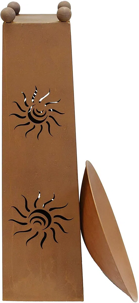 Dekosäule Sonne mit Feuerschale, Metall mit Edelrost, Feuerkorb | Metallsäule mit Feuerstelle / Pflanzschale, Outdoor Garten-Deko für Draußen