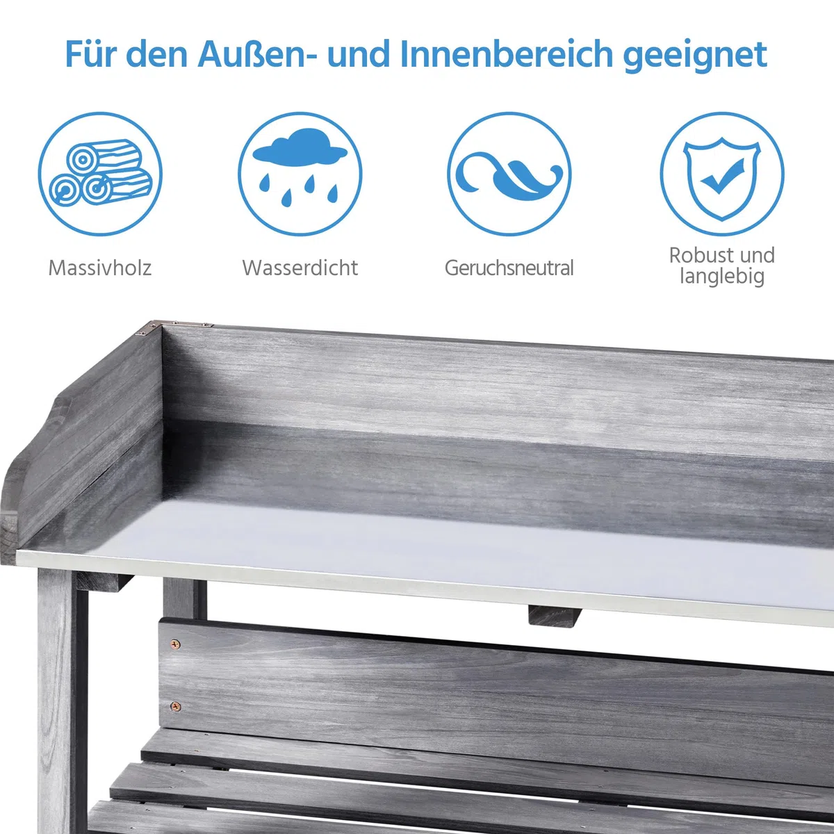 Yaheetech Pflanztisch Outdoor wetterfest, Gärtnertisch 77 x 37 x 90 cm mit verzinkter Arbeitsplatte & 2 Ablagefächer & 3 Haken Blumentisch aus Tannenholz für Garten/Balkon/Terrasse Grau