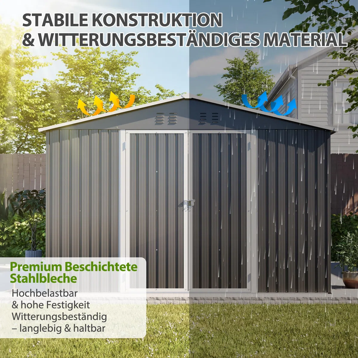 Metall Gerätehaus 300x300 cm Anthrazit, abschließbarer Gartenschuppen mit Bodenrahmen, wetterfester Stahl Geräteschuppen, Fahrradgarage