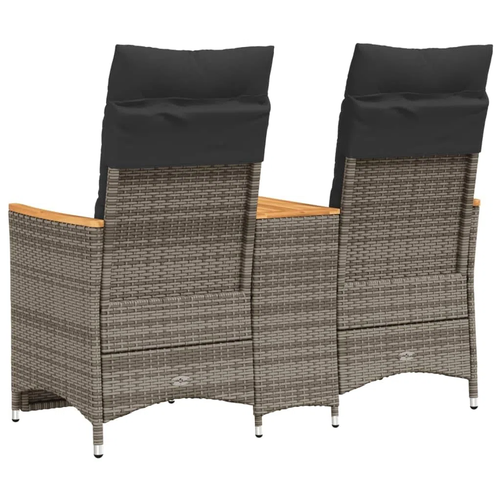 Gartensofa 2-Sitzer Verstellbar mit integriertem Tisch Grau Poly Rattan Gartenbank mit Auflagen Relaxsofa für Terrasse und Balkon Bequeme Sitzgruppe aus PE-Rattan und Akazienholz