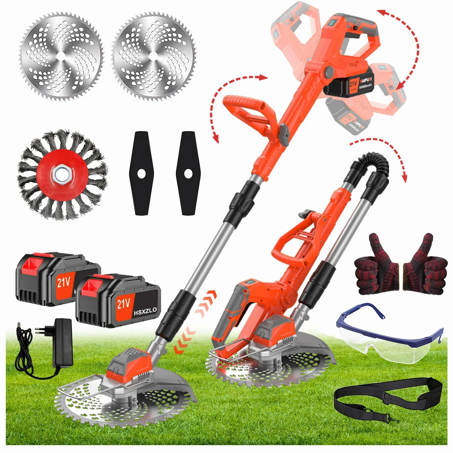 21V Rasentrimmer mit Akku, 3 in 1 Rasenkantenschneider mit Unkrautbürste, Faltbar Elektrischer Motorsense, Freischneider mit 3 Verschiedenen Klingen für Rasenschneiden Rasenpflege (Rot-1)