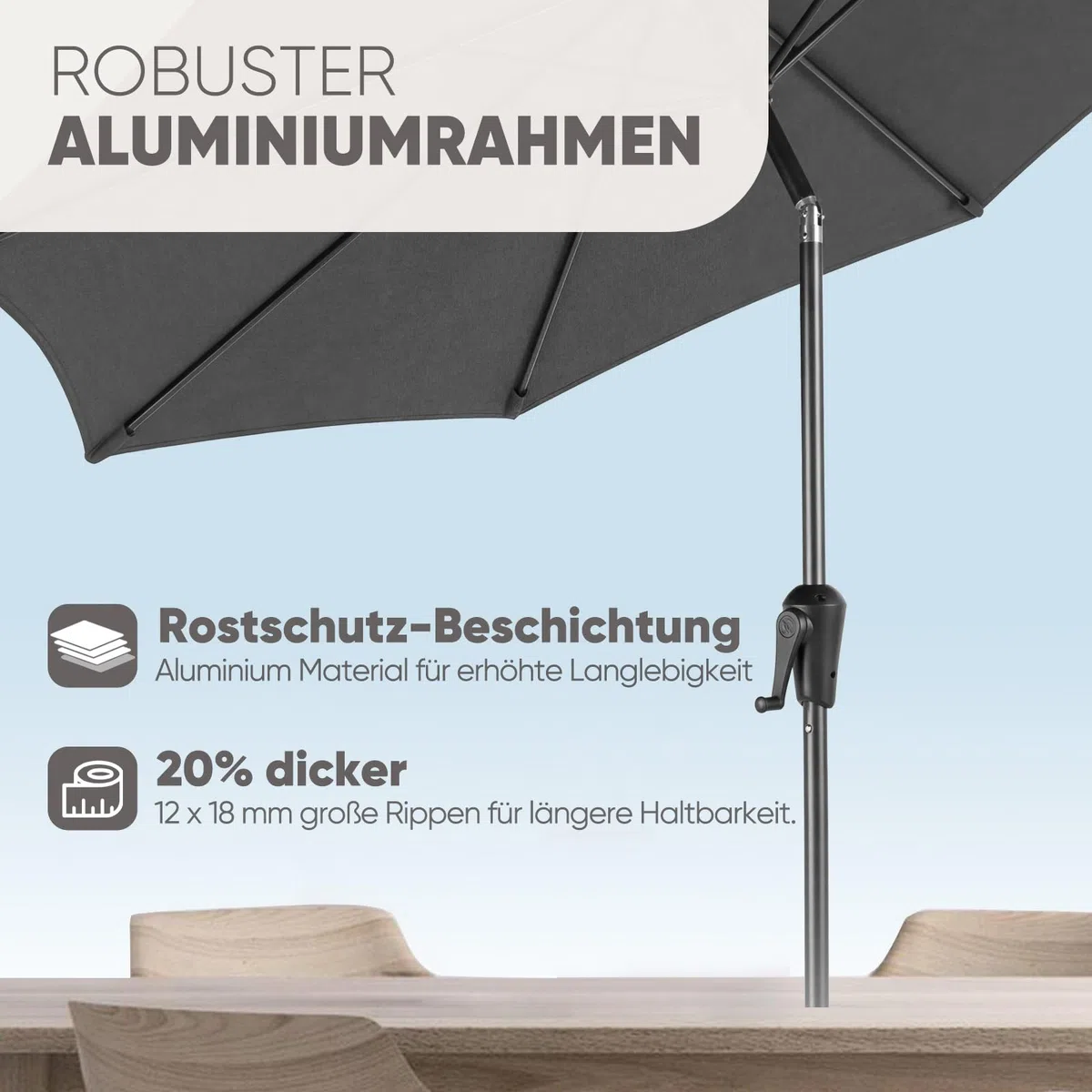 Sekey Sonnenschirm 300 cm mit Kurbel, Gartenschirm wasserabweisend, Balkonschirm UV-Schutz bis UPF 50+, Terrassenschirm neigbar & 8 Streben für Garten, Balkon & Terrasse, Grau