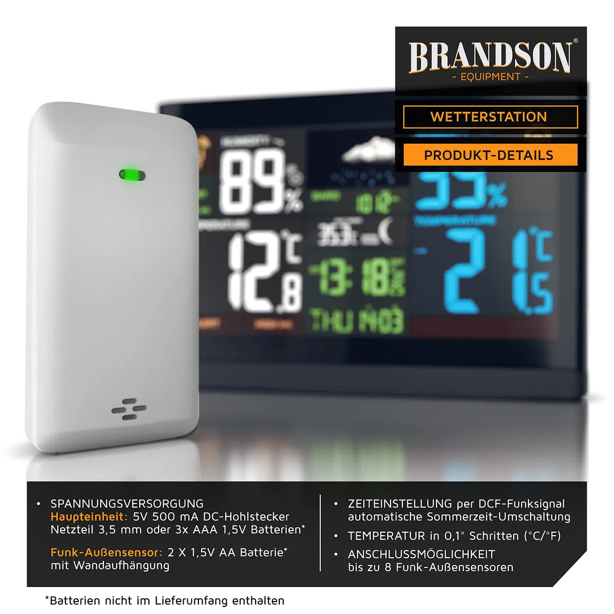 Brandson - Wetterstation Funk mit Außensensor - großes Farbdisplay - Funkuhr DCF Empfangssignal - Innen und Außentemperatur - relativer Luftdruck - Barometer - Temperaturtrend – Lichtsensor - schwarz