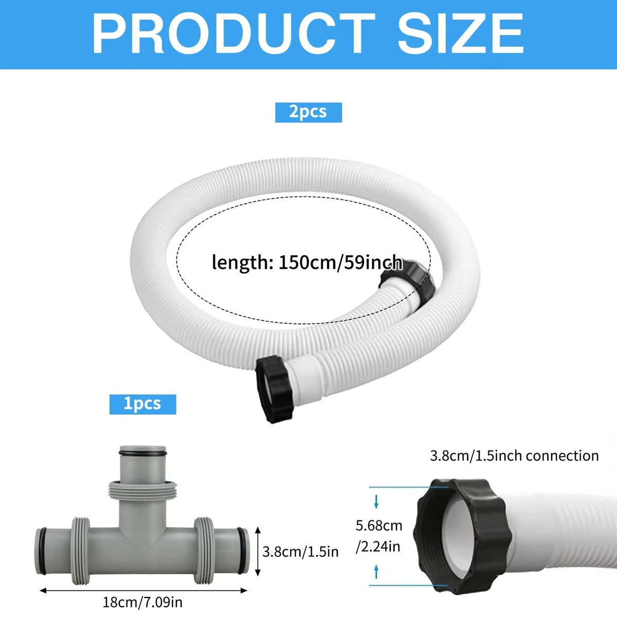Poolschlauch 38mm,2 Stück Schlauch für Poolpumpe 150cm,Schwimmbadschlauch,Poolpumpenschlauch,Schwimmbad-Ersatzschlauch,mit 3 Wege Schlauchverbinder,für Filterpumpe und Schwimmbad