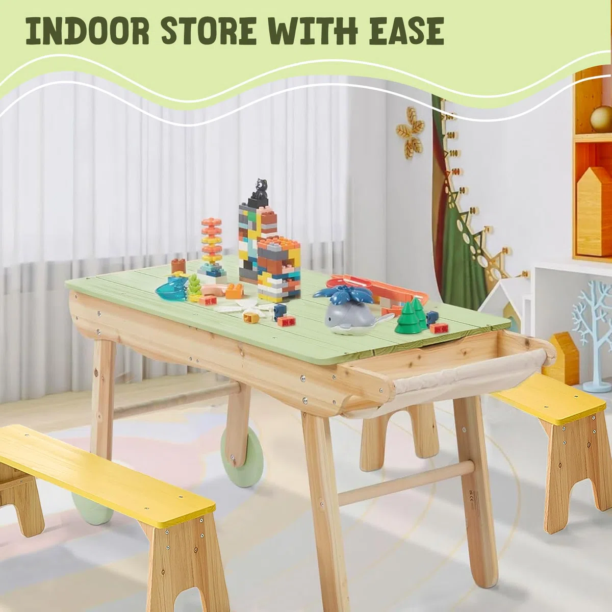 Giant bean Kinderspiel Tisch aus Holz mit Sand- und Wasserspielfunktion inkl. Sonnenschirm – Für Kinder im Garten, Terrasse oder Innenbereich