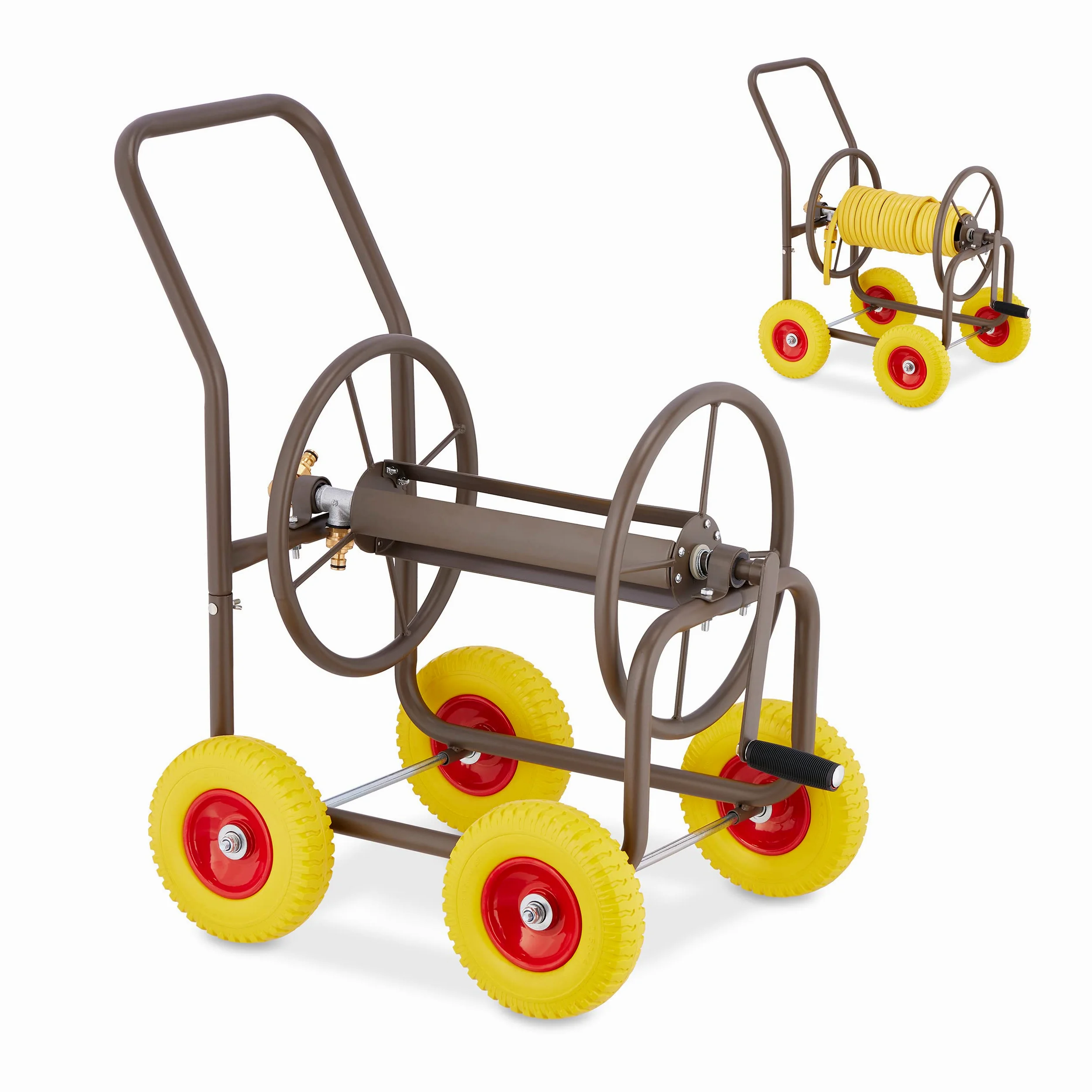 Relaxdays Schlauchwagen, bis 60 m, 4 Vollgummireifen, Klickkupplung, Schlauchtrommel Metall, Schlauchabroller, braun