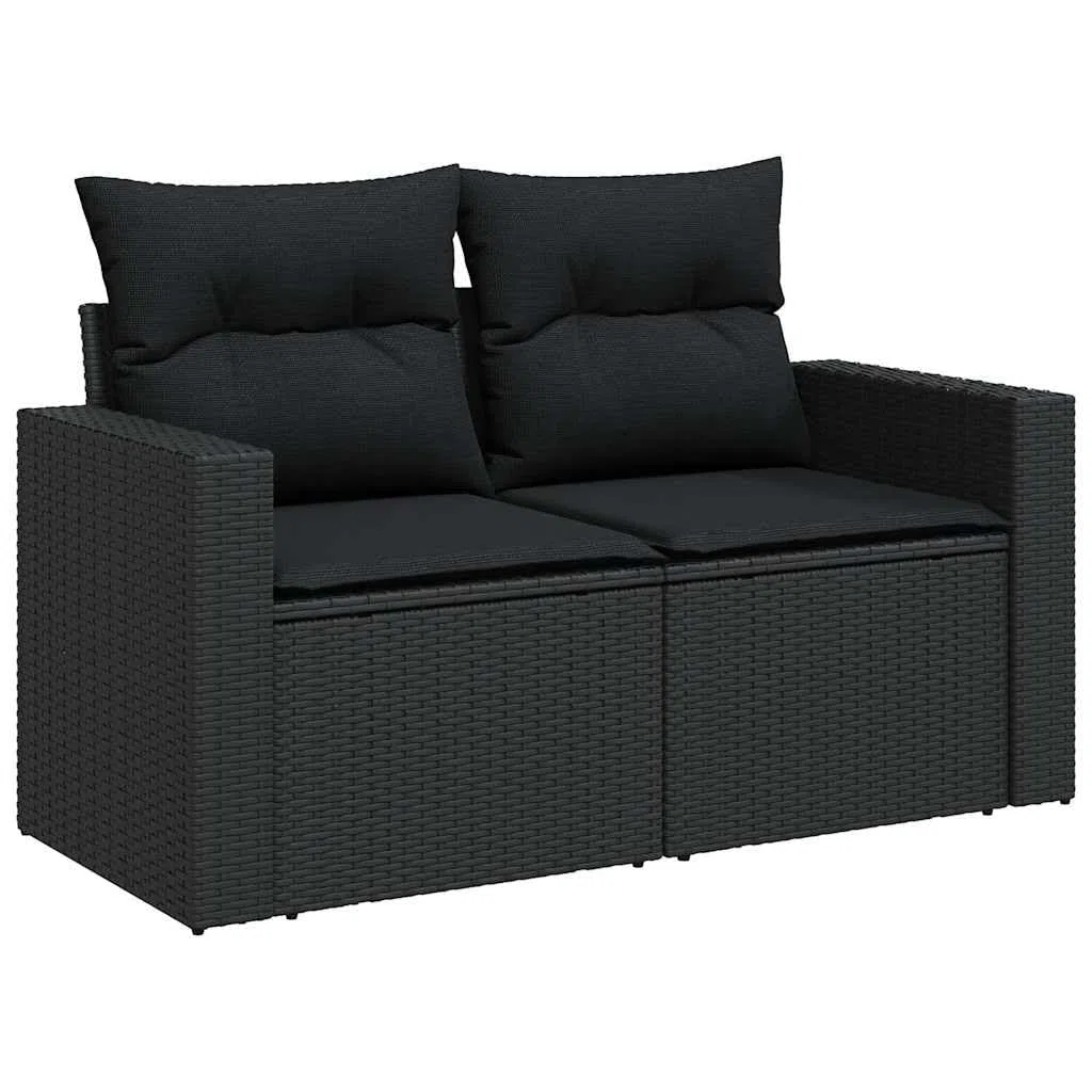 11-TLG Garten-Sofagarnitur mit Kissen Schwarz Poly Rattan wetterfestes Polyrattan Lounge Set für Terrasse Balkon mit Tisch Hocker Regal und Stauraum ideal für Outdoor Veranda und