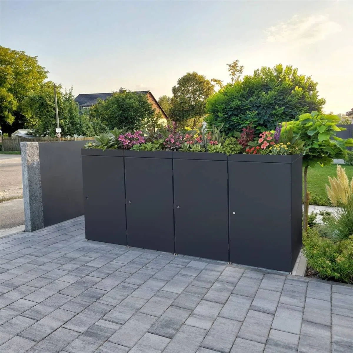 Metzler Mülltonnenbox 4er 240L in Anthrazit mit Pflanzdach | Für 4 Tonnen aus Aluminium rostfrei & abschließbar | Mülltonnenverkleidung außen mit höhenverstellbare Füße | Müllbox für Garten