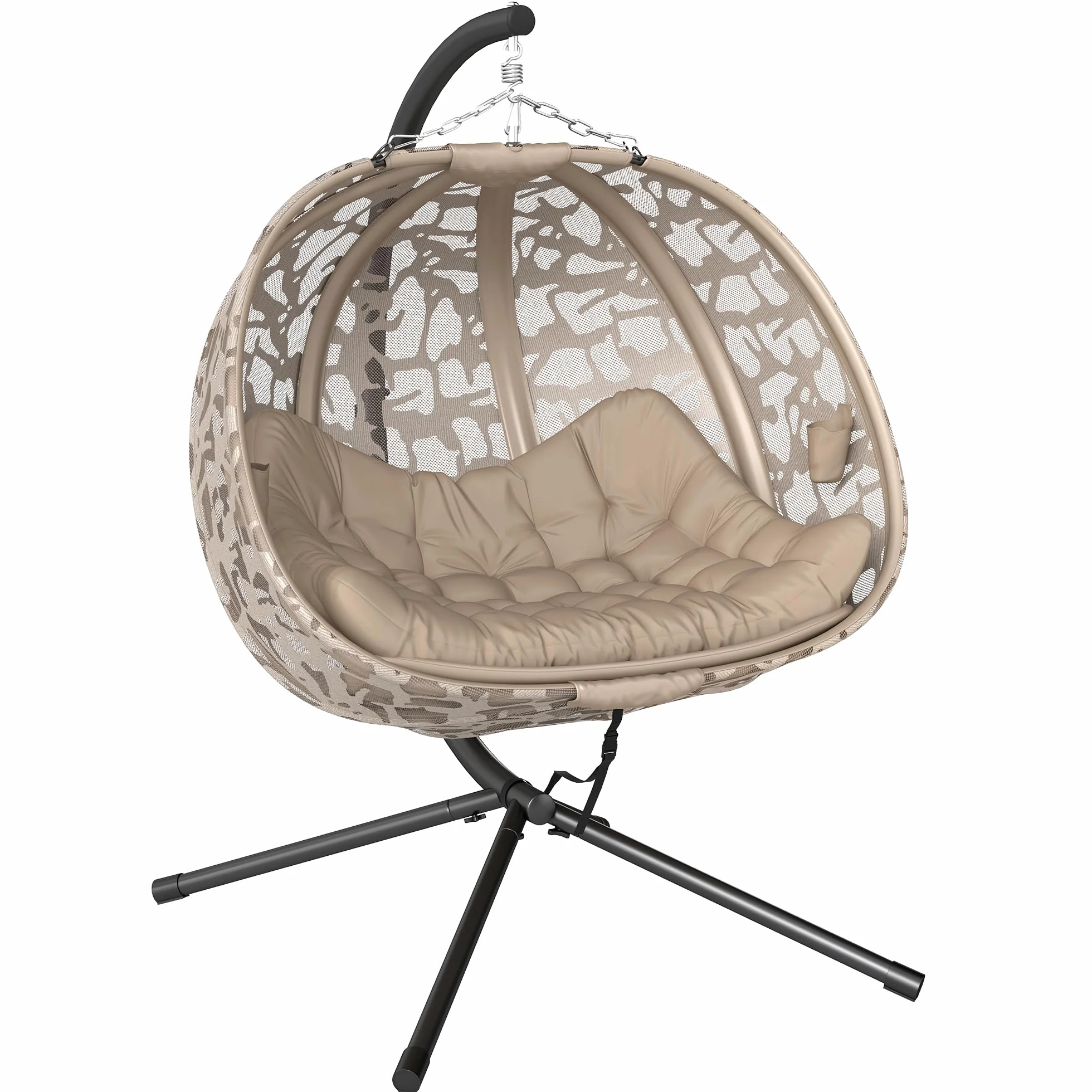 Outsunny Hängesessel, 2 Sitzer Hängestuhl mit Kissen, Hängeschaukel mit Klappbarem Sitzkorb, Seitentaschen für Indoor, Outdoor, bis 240 kg Belastbar, Polyester+Stahl, Sand