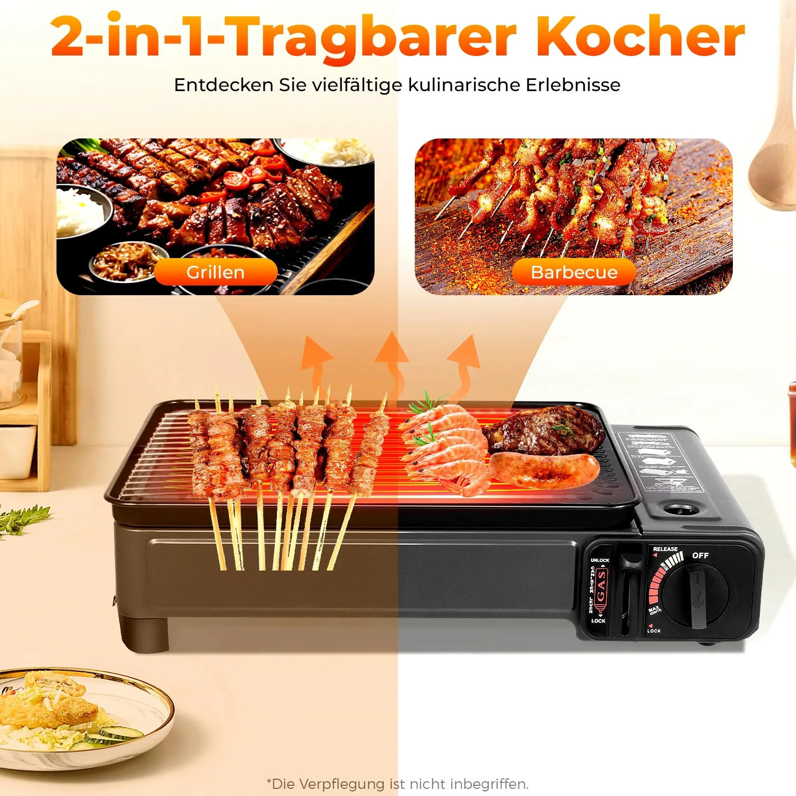 Camping Gasgrill, 2-in-1 Tragbarer Tischgrill mit Tragetasche, Abnehmbarer Grillplatte, Gaskocher für Kartuschen, Campingkocher für Outdoor BBQ, Terrasse und Reisen