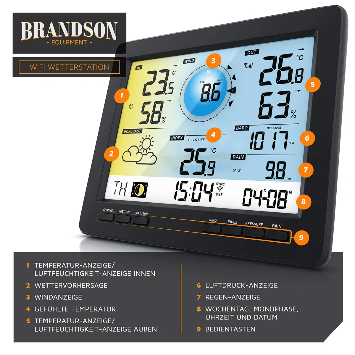 Brandson - Wetterstation Wlan mit Außensensor 5 in 1 – Funk - Wetterdaten per App WiFi - Wettervorhersage - Innen und Außentemperatur – Windmesser und Regensensor - Windrichtung - LCD Farbdispay