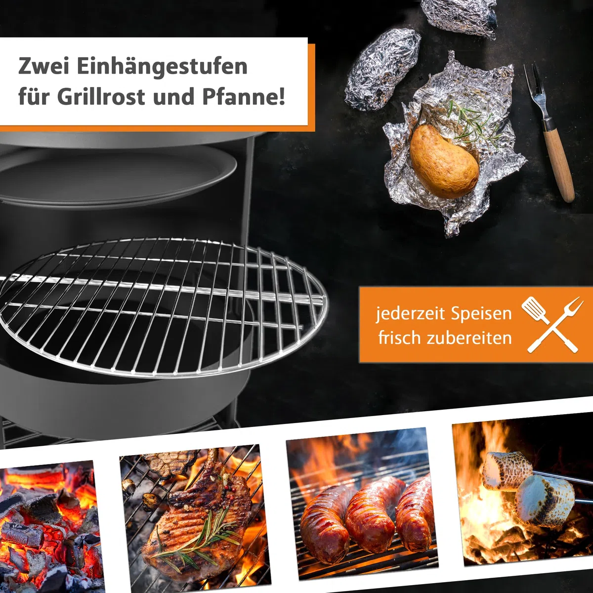 LEMODO Gartenkamin, Grillkamin mit Funkenschutztür, Terrassenofen mit Holzablage, Grillrost, Pfanne, Outdoor Gartenofen, Feuerstelle für Terrasse, Holzofen Wärmequelle für den Außenbereich