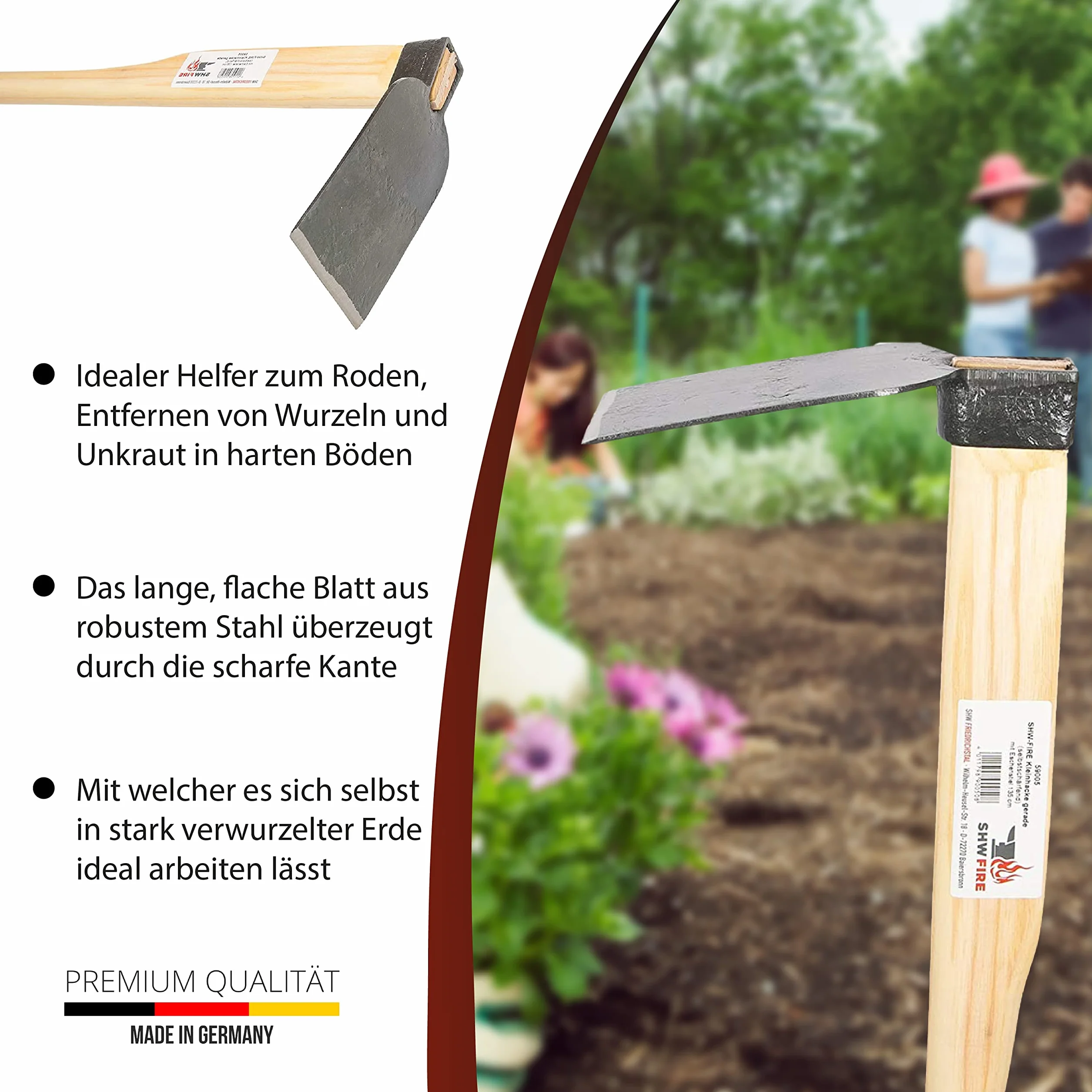 Kleinhacke - Profi-Gartenhacke aus Spezialstahl und sehr robust - 135cm Stiel - für weiche und Harte Böden von SHW-FIRE
