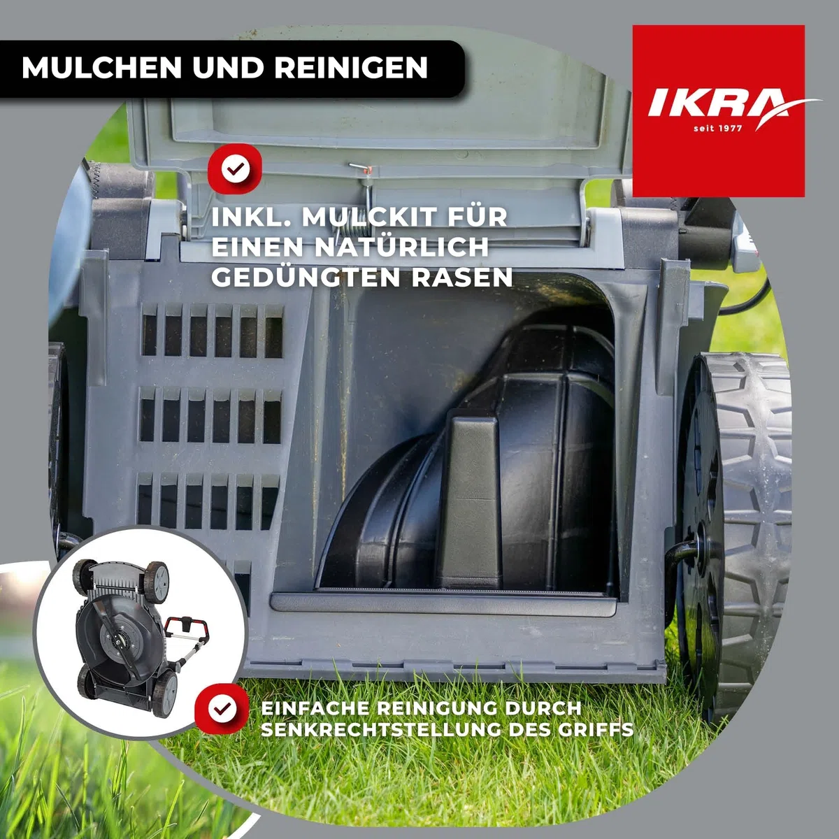 IKRA Rasenmäher IB-LM 43, 3in1, Breite 43cm, ohne 36V Akku & Ladegerät | Kompatibel mit Bosch, Rasenflächen bis 600m², Schnitthöhe 30-75mm, Fangkorb 52l, Batterieladeanzeige am Griff, inkl. Mulchkit