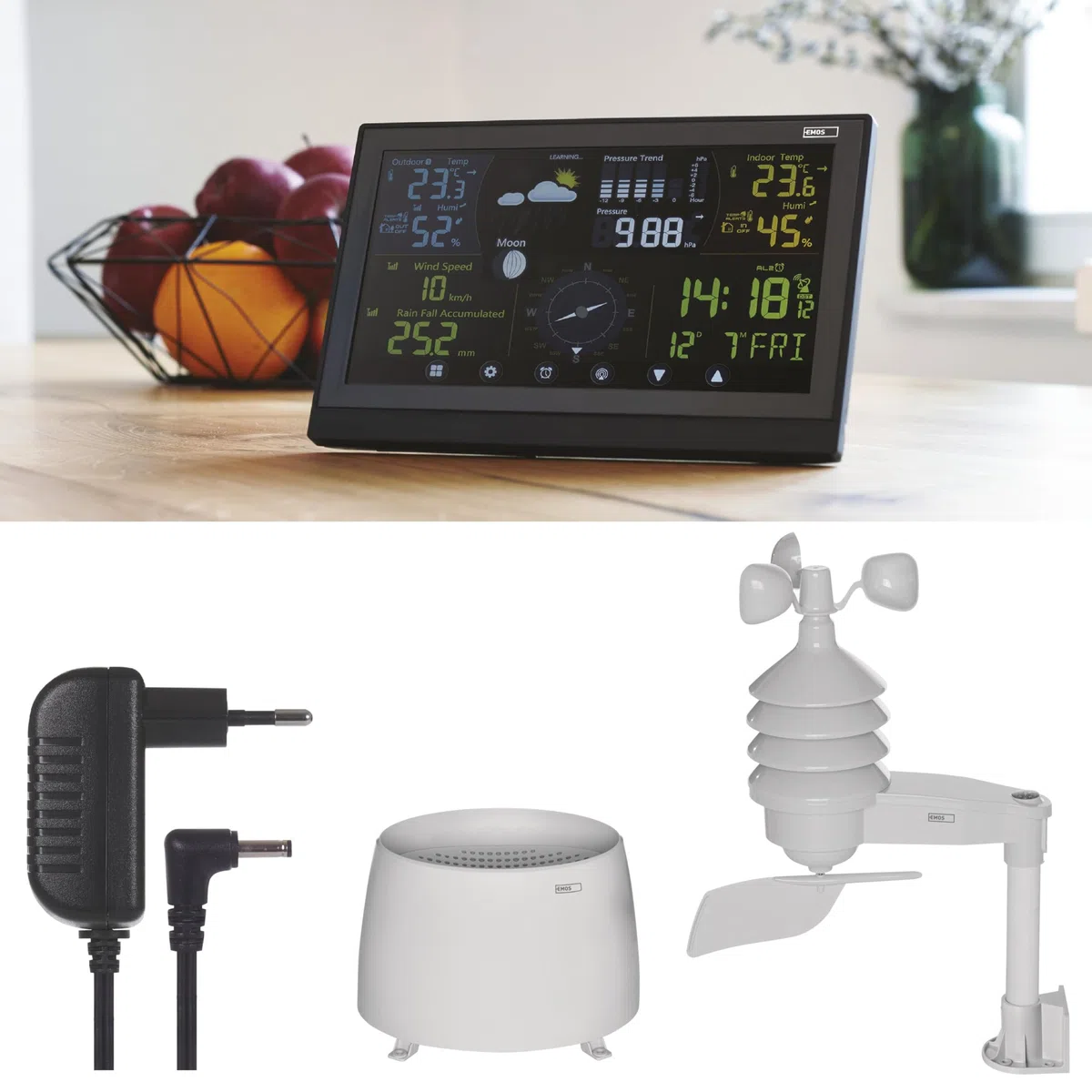 EMOS - profi Funk-Wetterstation mit Außensensor - Touchscreen-Display, Wind- & Regenmesser, Wettervorhersage, Innen/Außentemperatur - DCF Funkuhr - 15 Funktionen - inkl. Netzteil, Wand/Tischhalterung