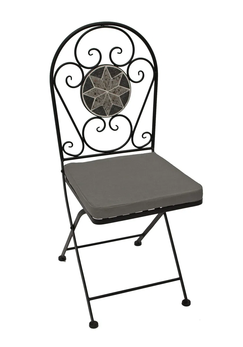 DEGAMO Balkonset Siena 3-teilig, 2X Klappstuhl und 1x Tisch 45x90cm halbrund, Eisen schwarz mit Mosaik Dekor grau/Weiss, mit Polstern grau