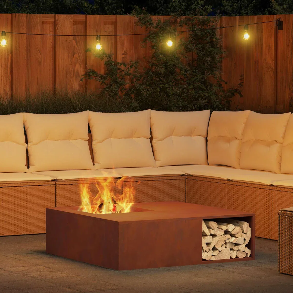 Feuerstelle Braun aus Wetterfeststahl 100 x 100 x 30 cm, quadratischer Kamin Ofen für Terrasse und Garten, langlebig, 600 Grad, 24 kg, Außenfeuerkorb für behagliche Abende