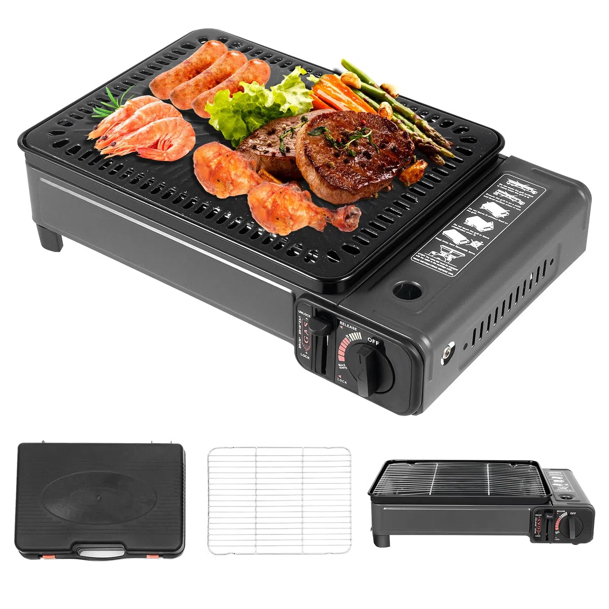 Camping Gasgrill, 2-in-1 Tragbarer Tischgrill mit Tragetasche, Abnehmbarer Grillplatte, Gaskocher für Kartuschen, Campingkocher für Outdoor BBQ, Terrasse und Reisen