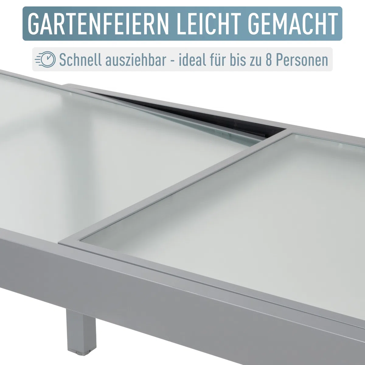 ib style Gartentisch Diplomat, Ausziehbar 90-180 cm, Outdoor, Aluminium Esstisch, Balkonmöbel, Gartenmöbel, Tischplatte aus Sicherheits Glas, Silber