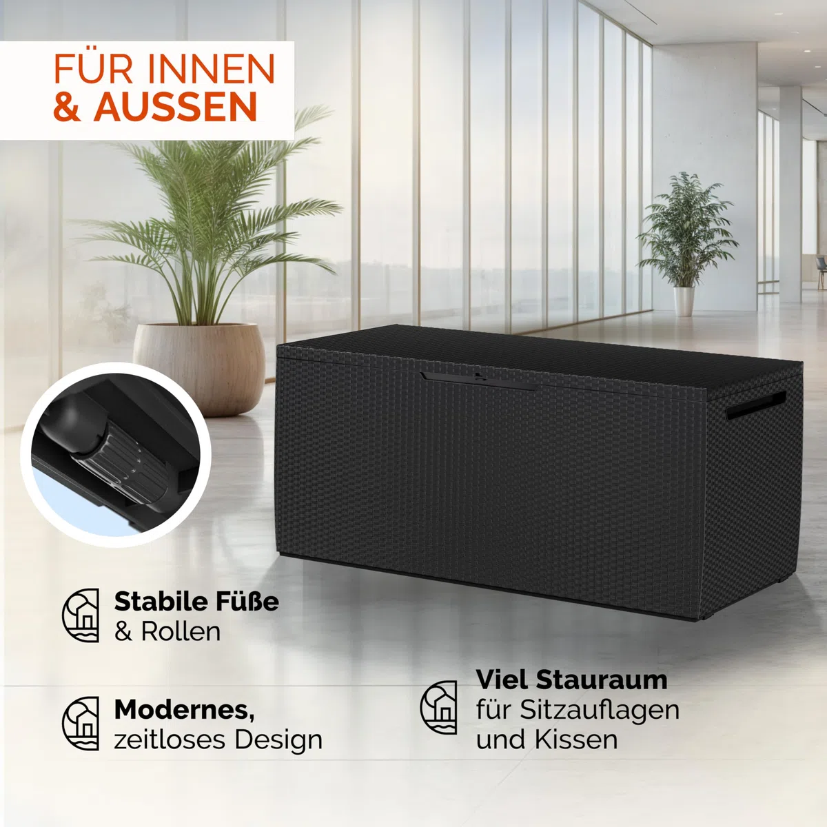 Deuba® Gartenbox 310L UV-beständig Haltegriffe Rollen Verschlussvorrichtung Balkon Wohnzimmer Wintergarten Kissenbox 123x53cm Rattan-Optik Anthrazit