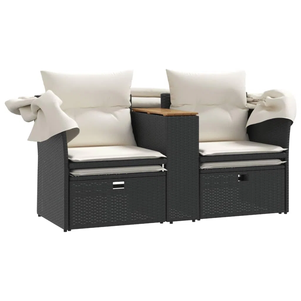 Hommdiy Gartensofa,Gartenlounge Outdoor,Sonnenliege Gartenliege Balkon,Doppelliege 2-Sitzer mit Dach und Hockern Schwarz Poly Rattan