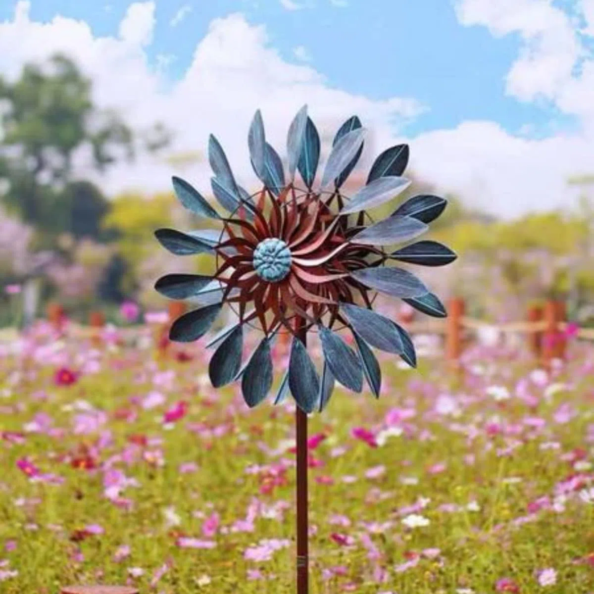 CIM Metall Windrad - Doppelwindrad Petite Vintage Flower – Gesamthöhe: 160cm, Windrad-Durchmesser: 40cm – Gartendekoration Blume – wetterbeständig - inkl. 2-zackiger Bodenverankerung