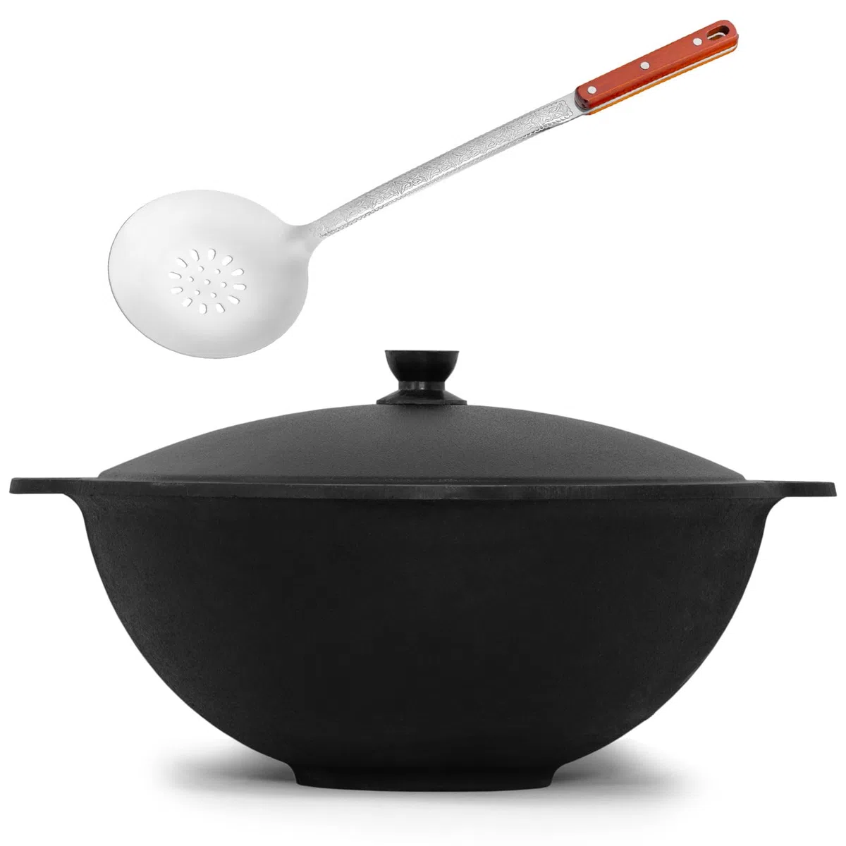 4BIG.fun Kazan aus Gusseisen 8 L mit Schaumkelle NAMANGAN Kasan Uzbekisch mit Deckel Cast Iron KESSEL Uzbek Camping Usbek Schwenktopf Asia WOK Topf mit Aluminium Deckel Grillwok Gusstopf Wokpfanne