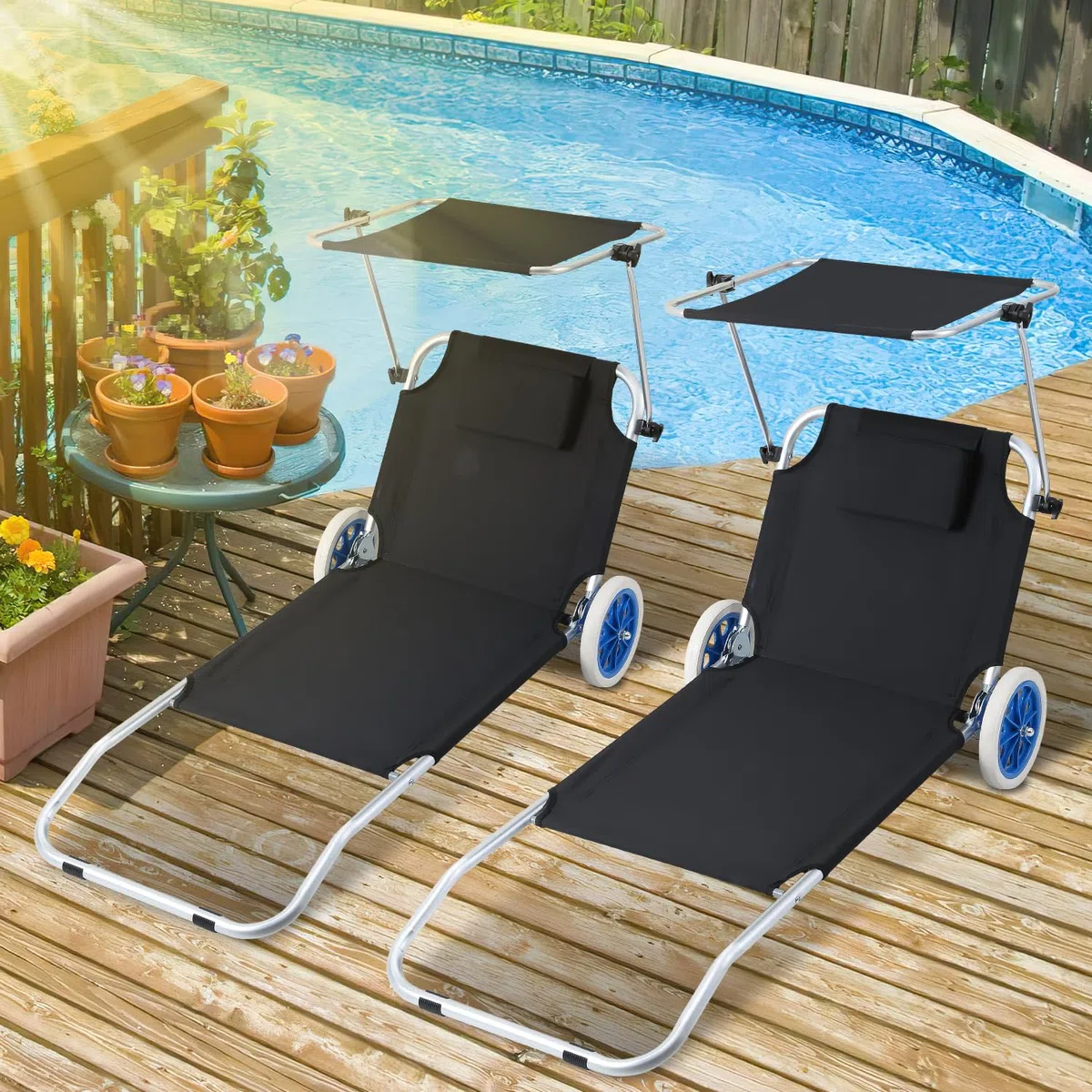 2X Sonnenliege Klappbar mit Dach Liegestuhl mit Rollen, Strandliege 5-Fach Verstellbarer Rückenlehne,100kg belastbar Gartenliege,Campingliege für Strand oder Pool Garten,Alu,Schwarz