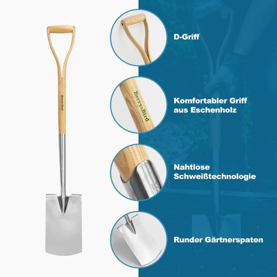 Berry&Bird 104cm Edelstahl Grabespaten, Gartenspaten mit D-Griff, traditioneller englischer Flachspaten mit Eschenholz Griff zum Graben, Gärtnern und Umpflanzen, Spatenblatt mit Trittkante