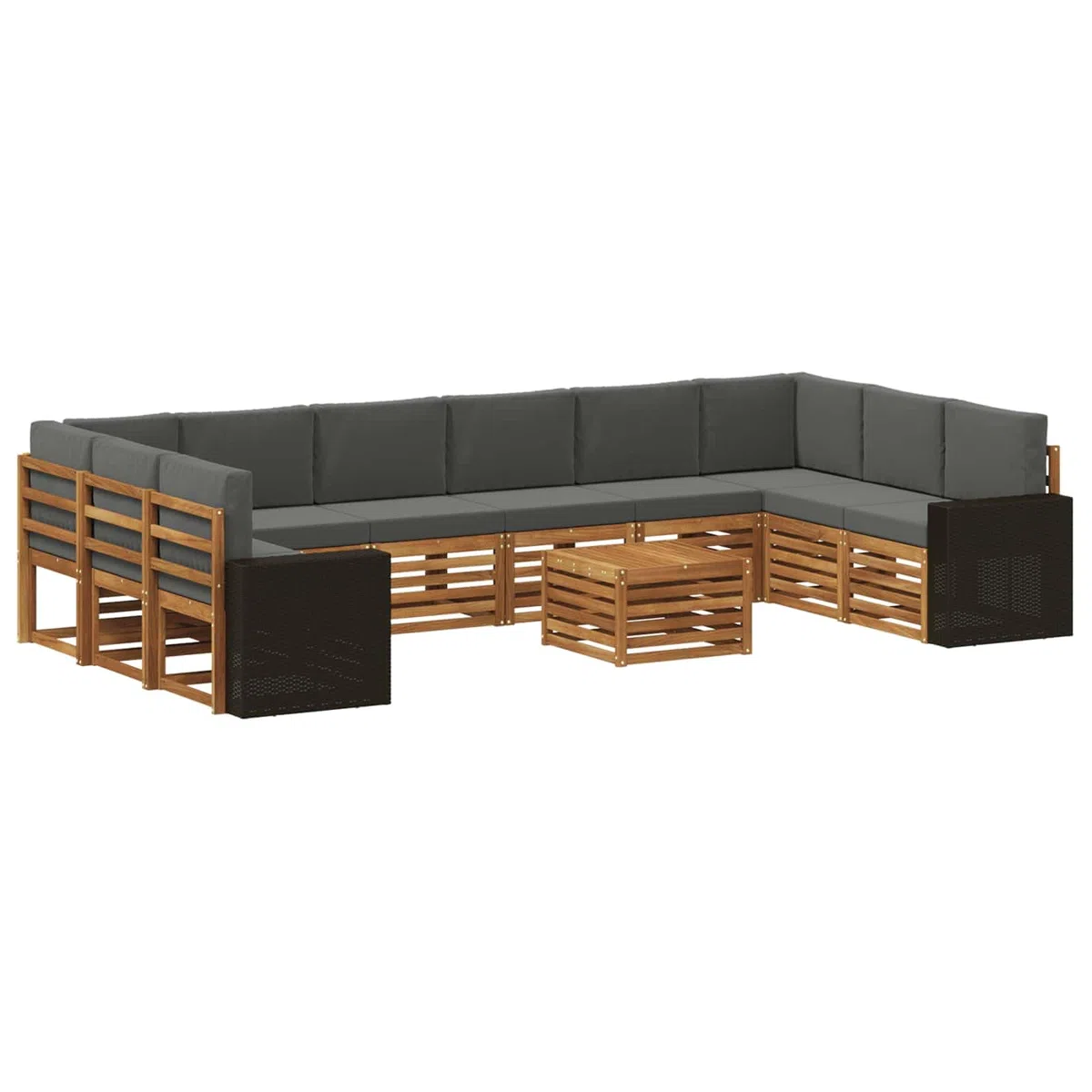 Outdoor-Sofagarnitur 11-teilig Natur Anthrazit Polyester, wetterbeständiges Gartenmöbelset mit 1 Tisch, 2 Ecksofas, 8 Sofas und 10 Sitzkissen für Terrasse und Außenbereich