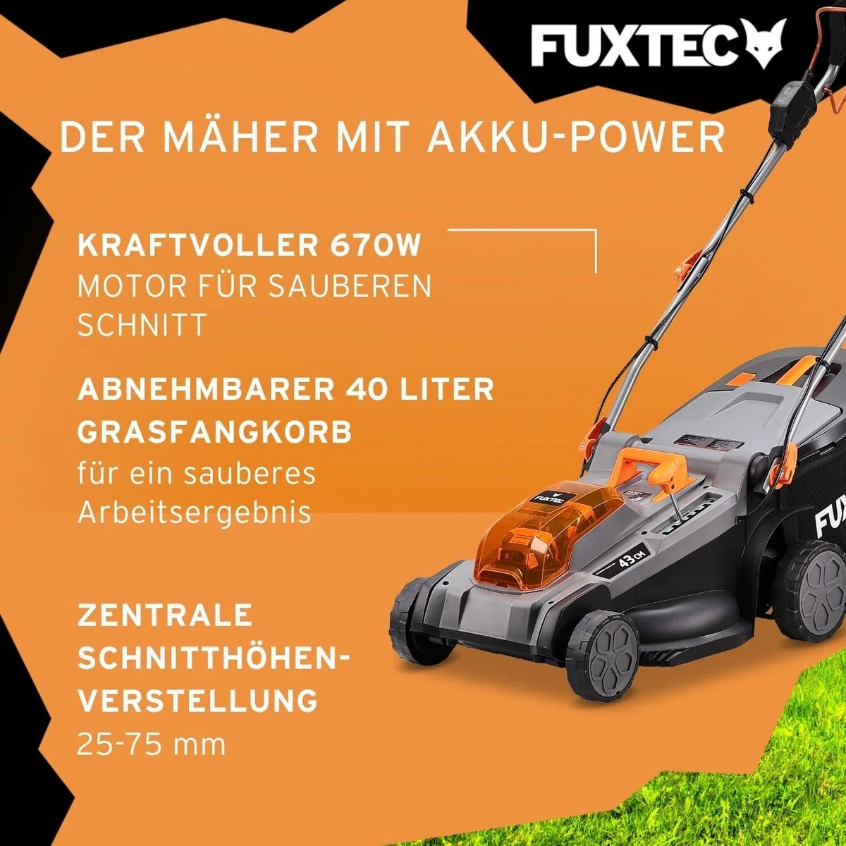 FUXTEC 40V Akku Rasenmäher FX-E2RM43PRO • AkkuMäher mit Akku & Ladegerät • 43 cm • FlexSpeed Variable Geschwindigkeit • Radantrieb • Schnitthöhenverstellung • Grasfangkorb und Mulchfunktion