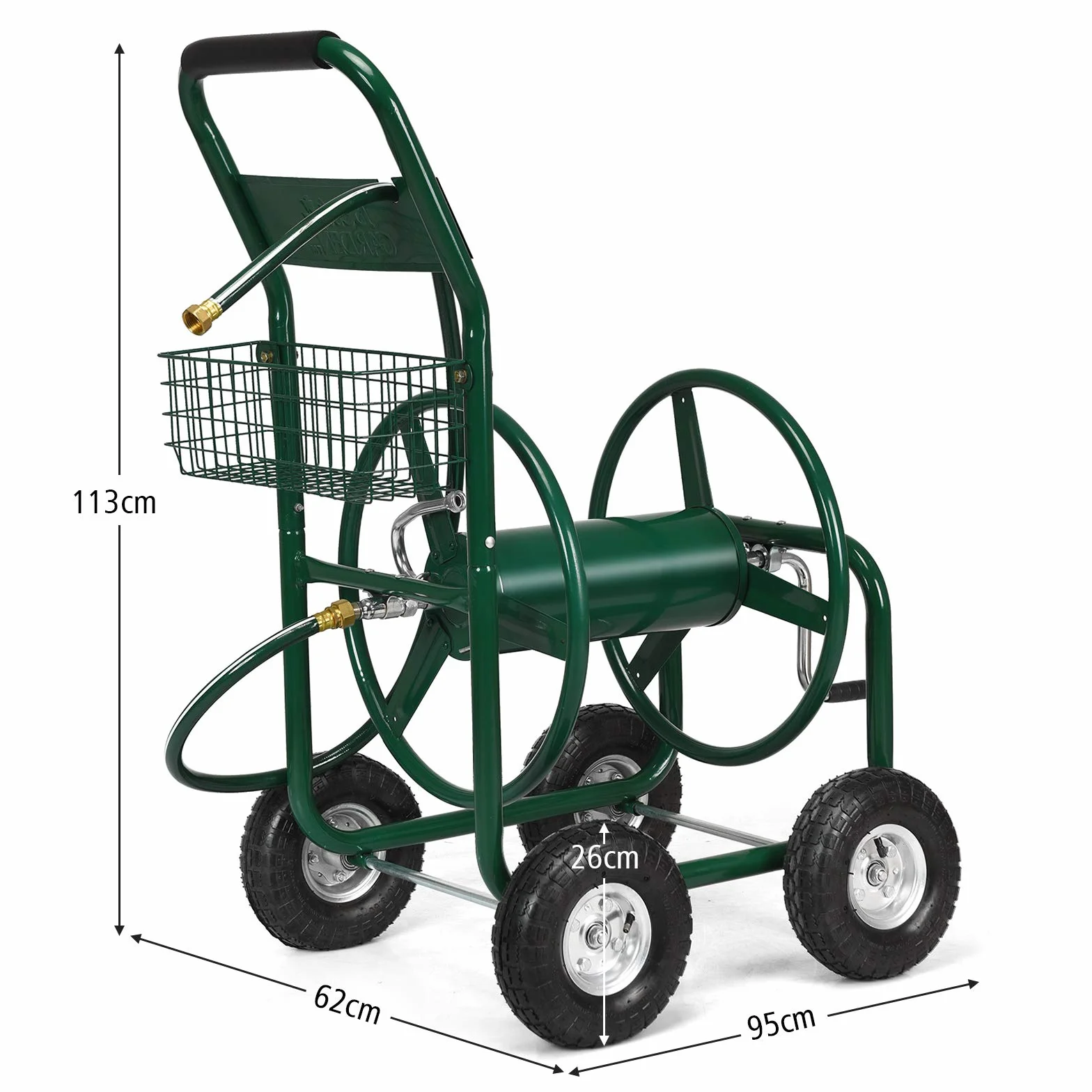 GOPLUS Schlauchwagen, Gartenschlauchwagen für 5/8" Schlauch bis 80m, Schlauchtrommel mit Korb & Gummireifen, Schlauchaufroller, aus Metall, grün, 95 x 62 x 113cm