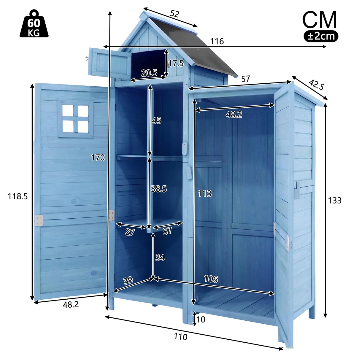 Su & Chan Legence Gartenhaus aus Holz, Geräteschuppen mit 2 Ablagen, 2 Türen und PVC-Dach, wetterfest Gartenschrank für Garten, Balkon und Terrasse, Blau