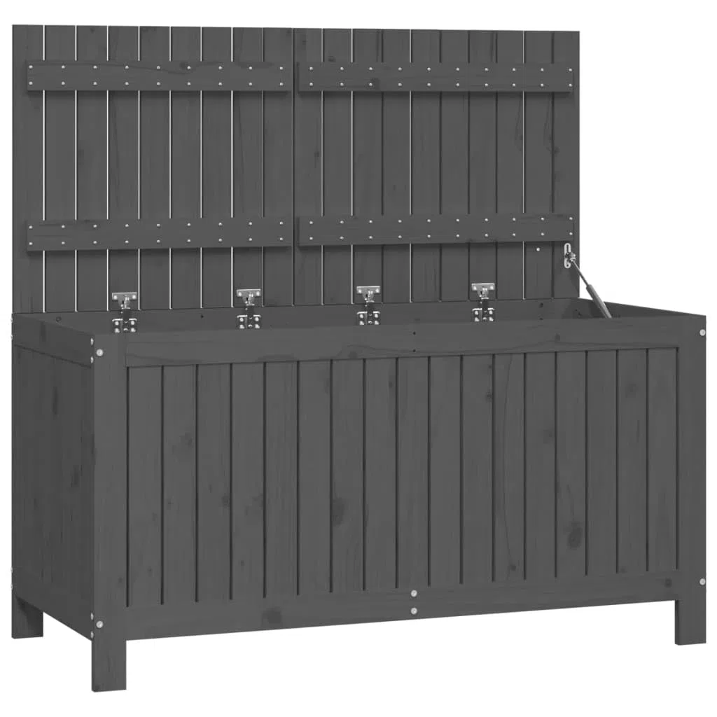 Gartentruhe aus massivem Kiefernholz Grau 121x55x64 cm mit Gasdruckfeder und Belüftungslatten, große Aufbewahrungsbox für Gartenzubehör und Haushaltsgegenstände, wetterfeste