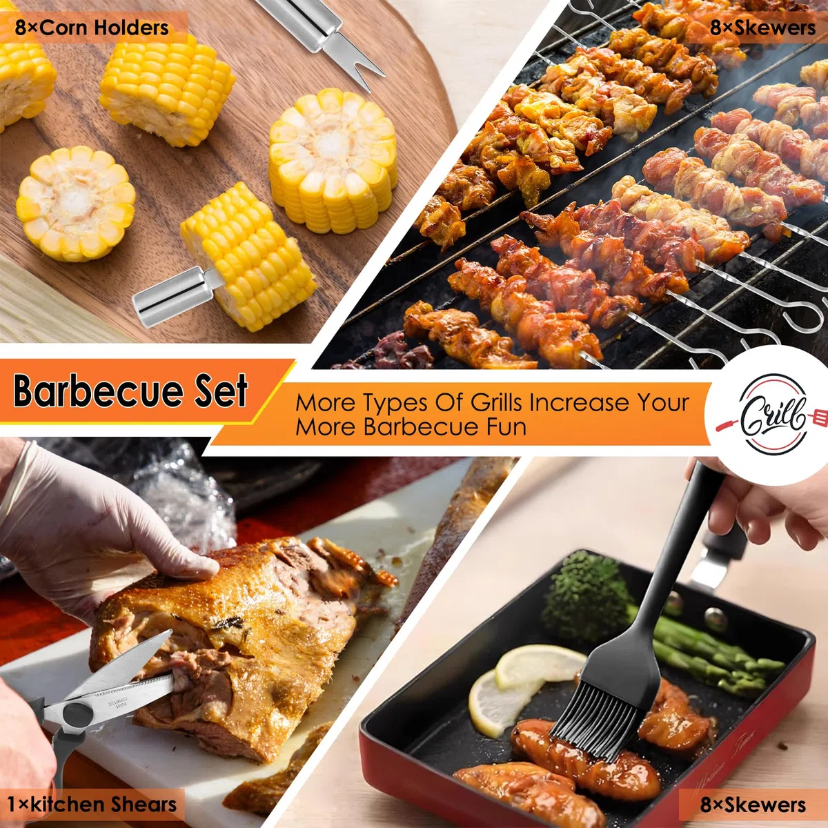 Yoehka Grillzubehör-Set, 34-teilig, robuste Grillwerkzeuge Werkzeug für Outdoor-Camping, Grillgeschenke Männergeschenke, Edelstahl-Grillutensilien-Set mit Matten und Handschuh in Tragetasche, Braun