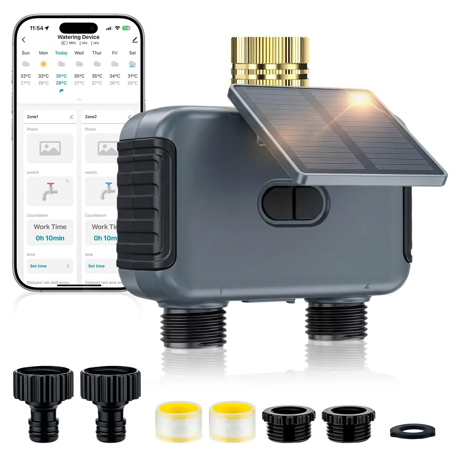 Mcbazel Solares Bewässerungscomputer mit 2 Ausgängen, WLAN-Bewässerungsuhr mit Solar & USB-C-Aufladung, App- & Sprachsteuerung, Regenverzögerung, Automatische/Manuelle Bewässerung, IP55 Wasserdicht