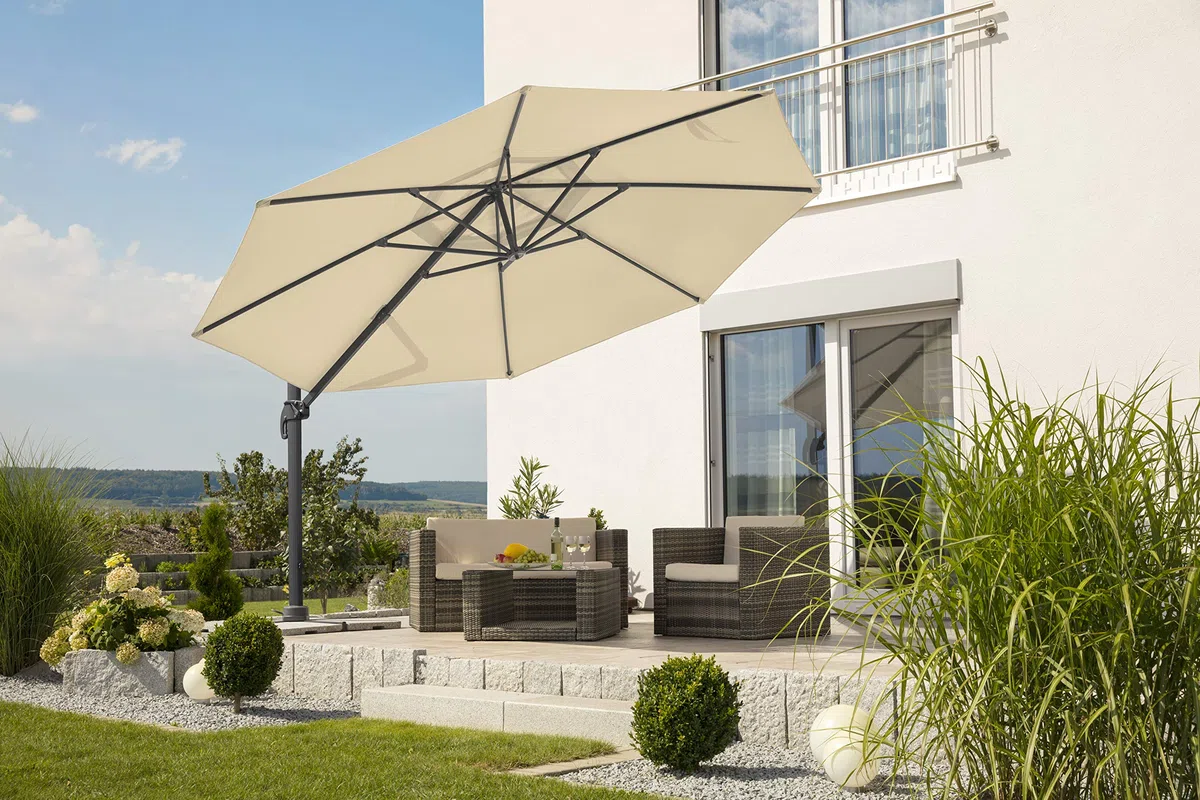 Schneider Sonnenschirm Rhodos Grande, natur, 400 cm rund, 789-02, Gestell Aluminium, Bespannung Polyester, 25.5 kg