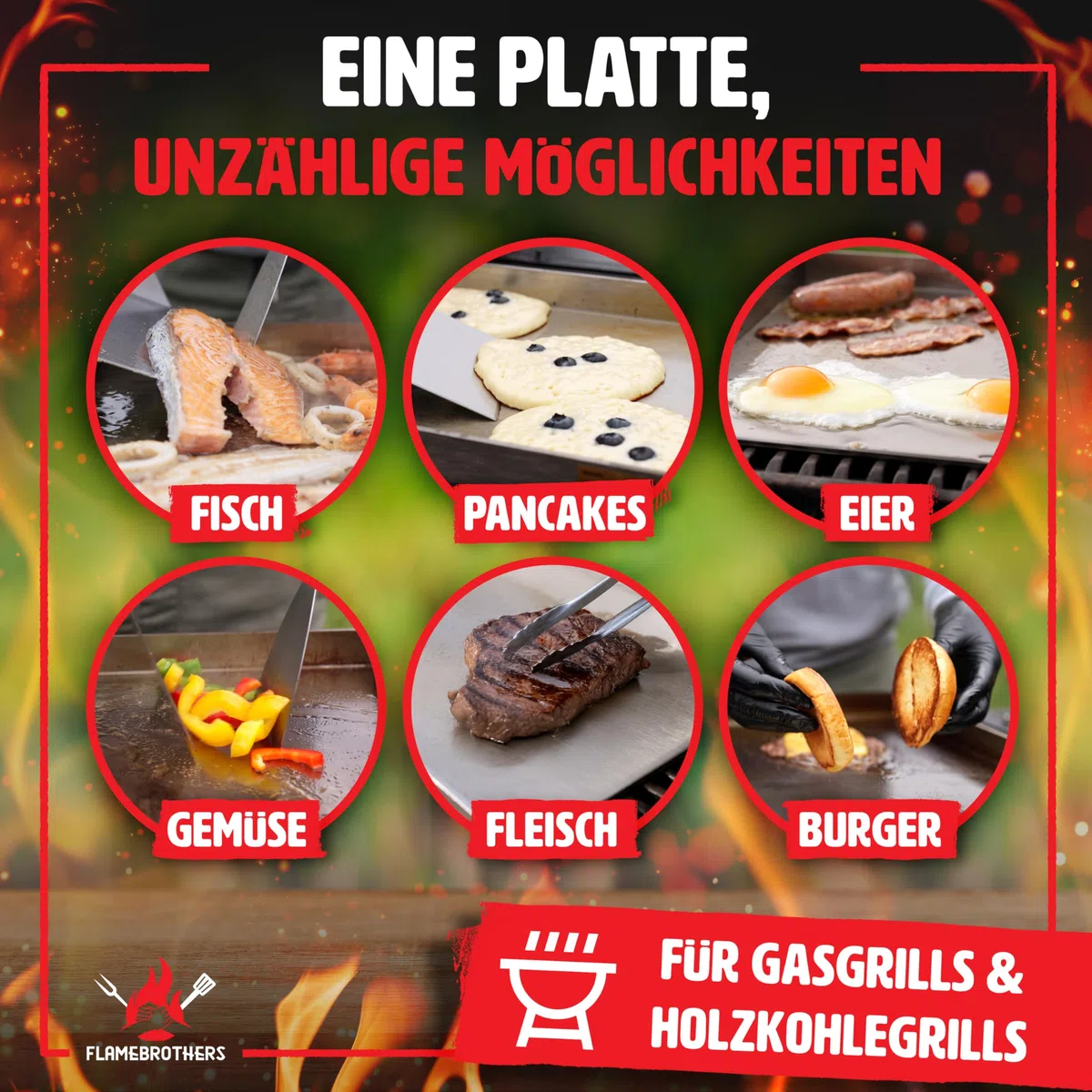 Plancha Grillplatte - All In Grillzubehör Set mit Grillspachtel & Grillschaber - 4mm rostfreier Edelstahl [40 x 30cm] - Grill Platte für Gas- & Kohlegrill - auslaufsichere Ecken für sauberen Grill