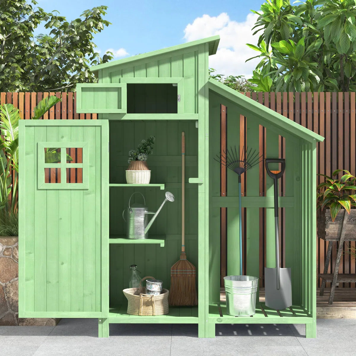 Gerätehaus Holz, Geräteschuppen, Outdoor Schrank 124x46x174cm, Geräteschrank mit Boden, Grün