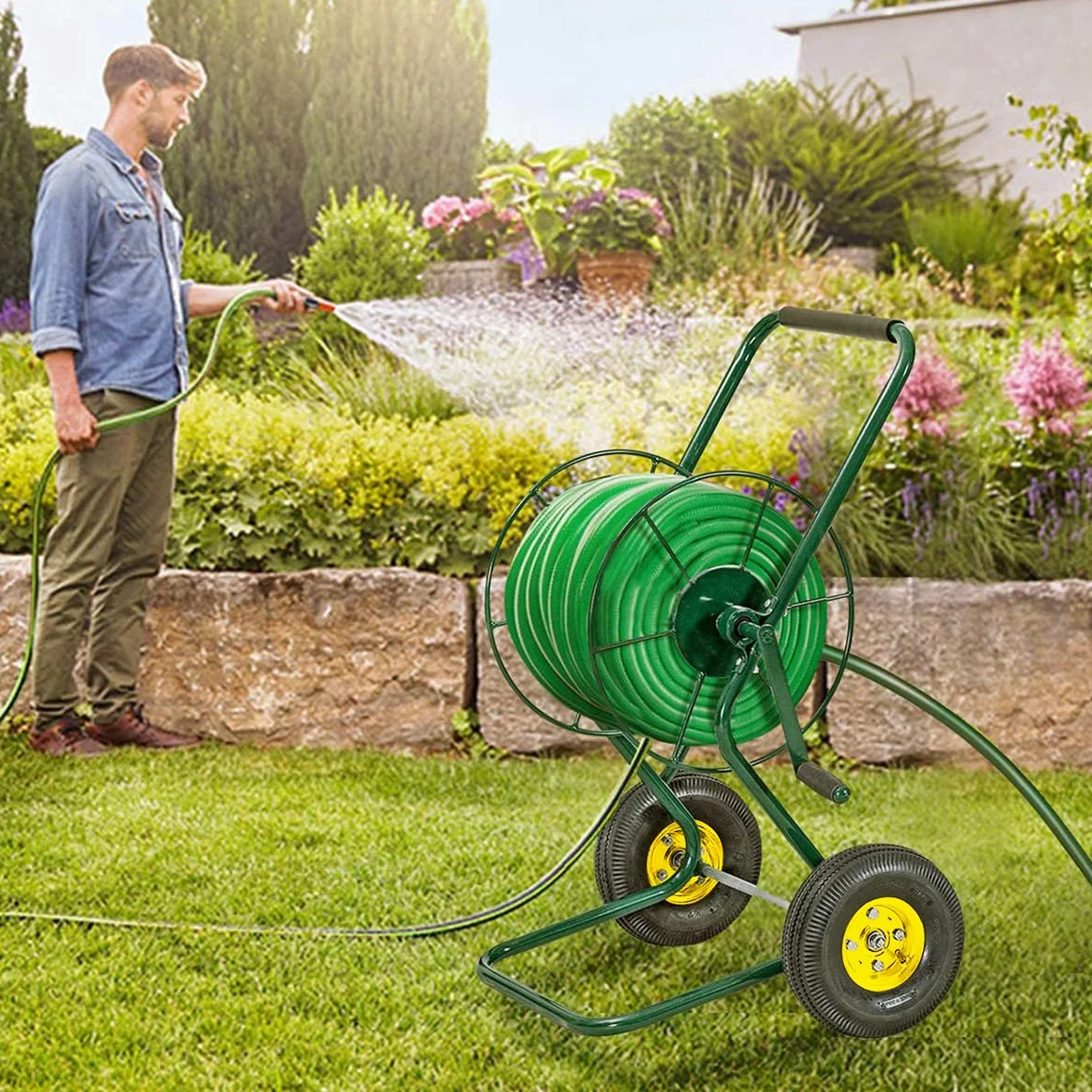 GOPLUS Schlauchwagen Metall, Gartenschlauchwagen für 3/4" Schlauch bis 61m, Schlauchtrommel mit Gummirädern & 188 cm Einlassschlauch, Schlauchaufroller Garten, 71 x 53 x 96,5cm, Grün