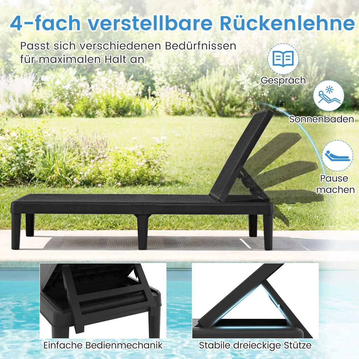 COSTWAY 2er Set Sonnenliege wetterfest, Gartenliege mit Verstellbarer Rückenlehne, Balkonliege aus Kunststoff, Terrassenliege bis 150 kg belastbar, Liegestuhl für Garten, Terrasse, Balkon (Schwarz)