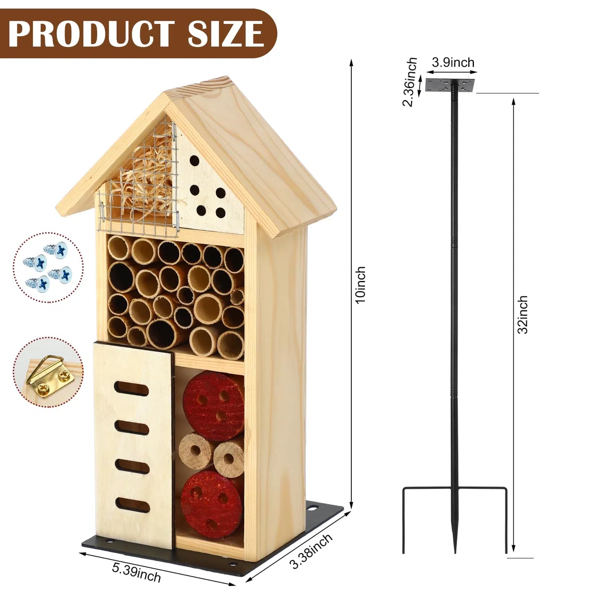 Novabright Insektenhaus aus Holz mit Metallpfahl Insektenhotel Bienenhaus Natur Käfer Lebensraum für Biene Schmetterling Marienkäfer Nützlich Käfer Outdoor Garten Hinterhof