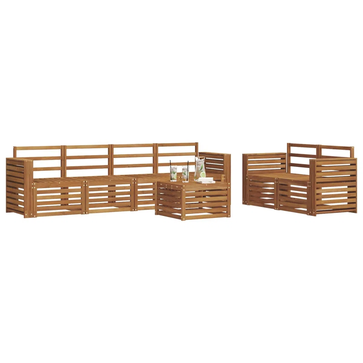 Massivholz Akazie Gartenmöbelgarnitur Set mit Tisch und 6 Sofas wetterfestes Outdoor-Möbelset für Terrasse Balkon und Garten, langlebige Essgruppe mit modernem Design und einfacher Pflege