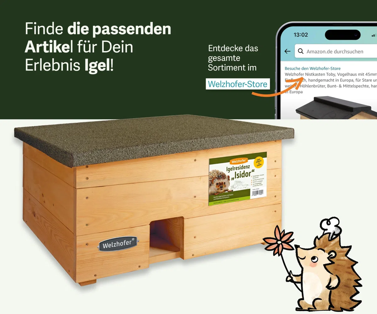 XXL Premium Igelresidenz Isidor, Ganzjahreshaus für Igel, wintertaugliches Igelhaus aus Holz, sicher vor Katzen und Waschbären, handgemacht in Europa, extra Futterraum, leicht zu befüllen