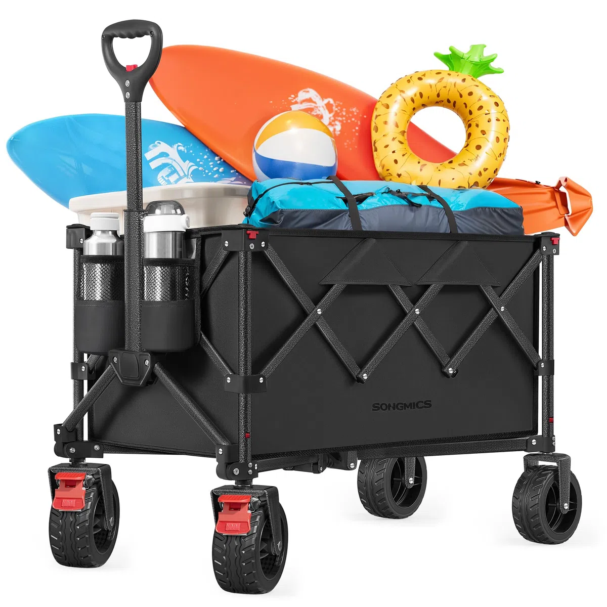 SONGMICS Handwagen faltbar, Bollerwagen, Gartenwagen, Campingwagen mit Griff, 4 abnehmbaren Rollen, platzsparend, Outdoor, Garten, 150 L, bis 150 kg belastbar, tintenschwarz GFW115B01